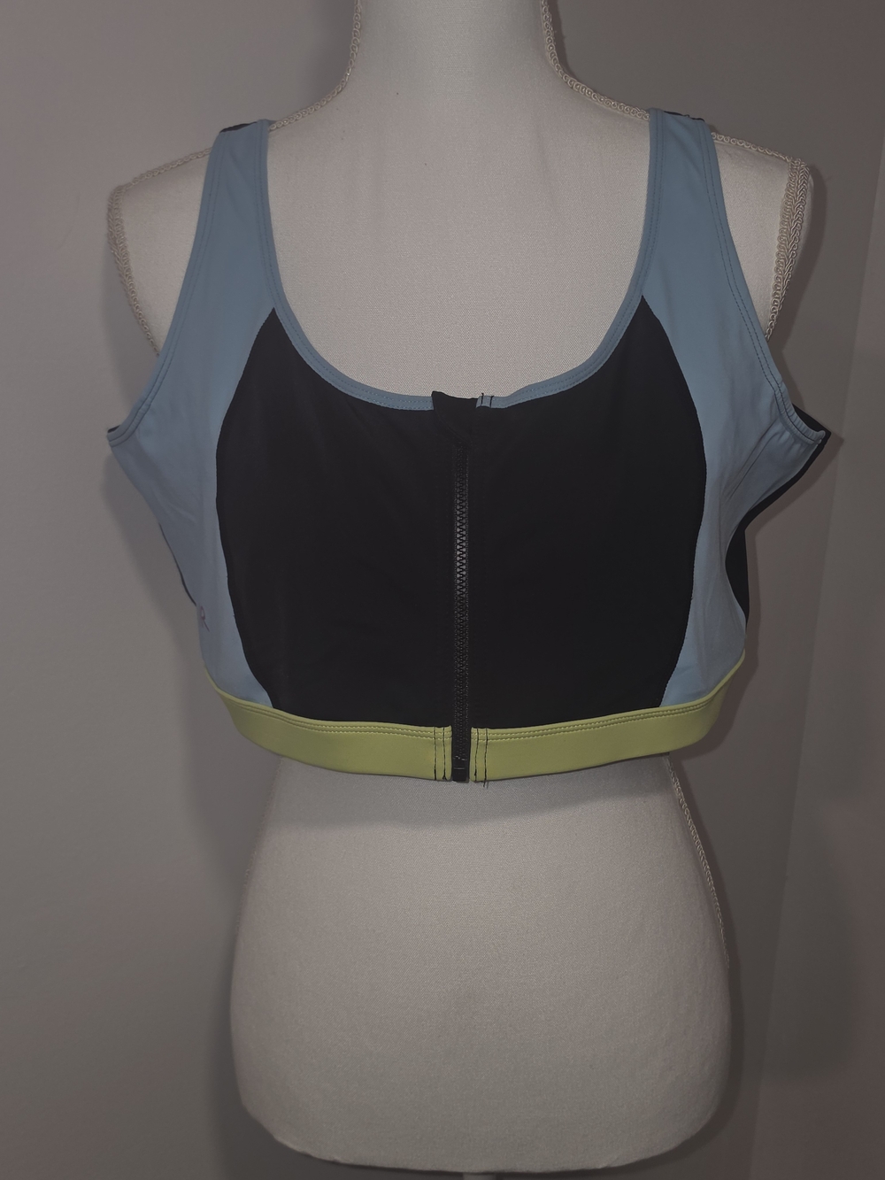 RUBY RIBBON High-Impact Front-Zip Sports Bra - Light Blue, Black & Lime SZ 48